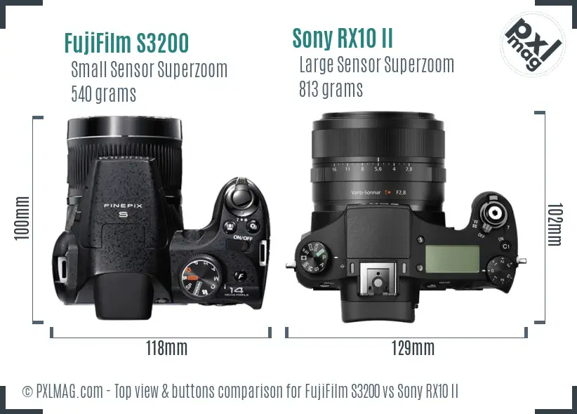 FujiFilm S3200 vs Sony RX10 II top view buttons comparison