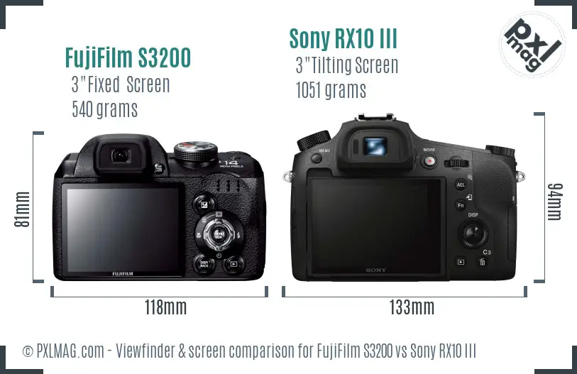 FujiFilm S3200 vs Sony RX10 III Screen and Viewfinder comparison