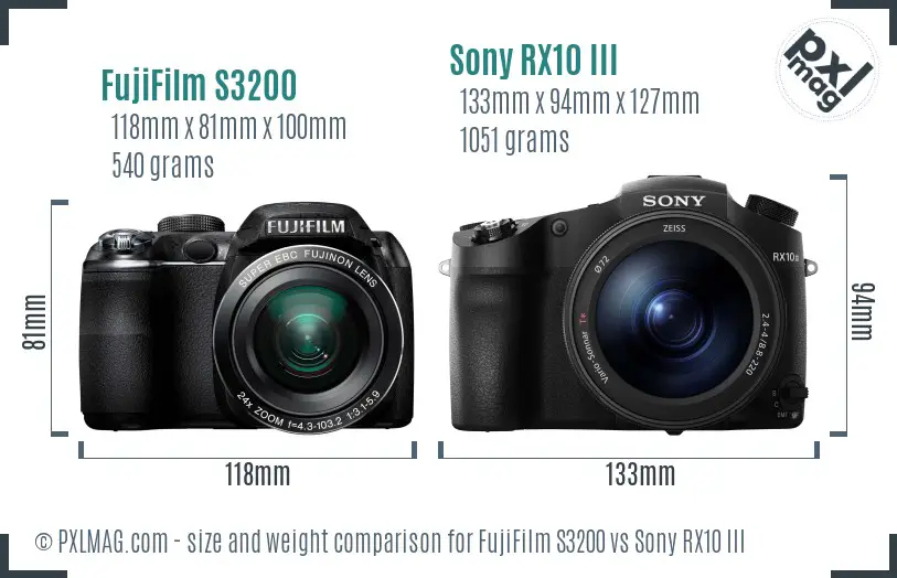 FujiFilm S3200 vs Sony RX10 III size comparison