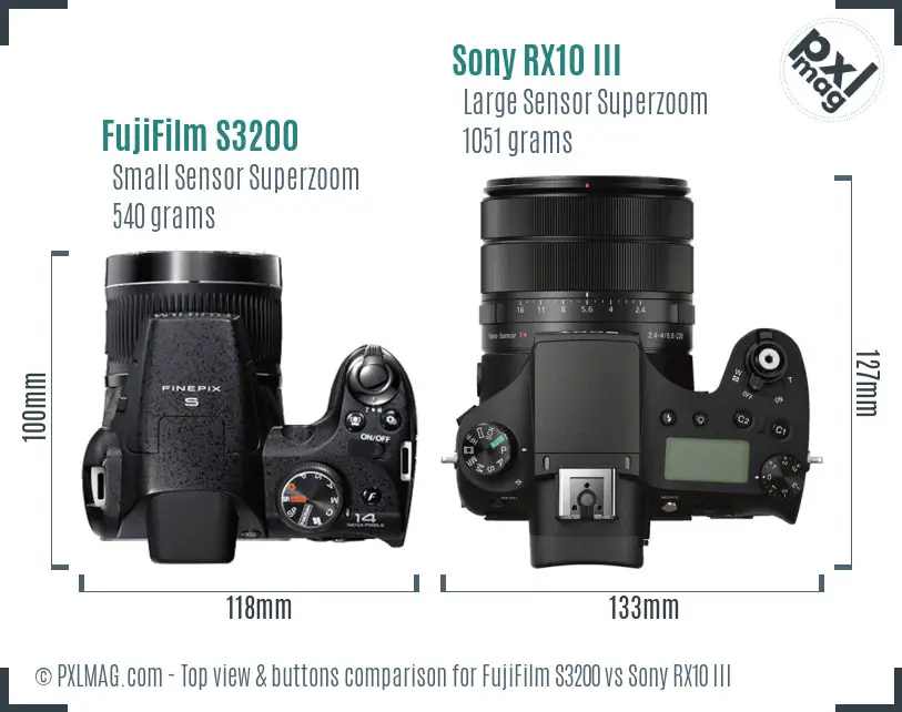FujiFilm S3200 vs Sony RX10 III top view buttons comparison