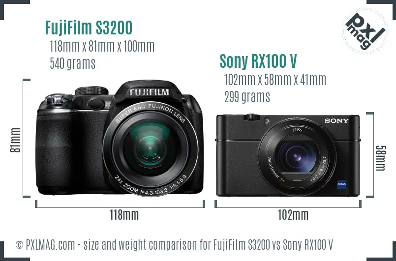 FujiFilm S3200 vs Sony RX100 V size comparison