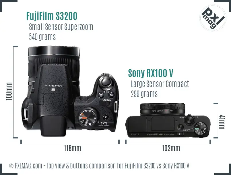 FujiFilm S3200 vs Sony RX100 V top view buttons comparison