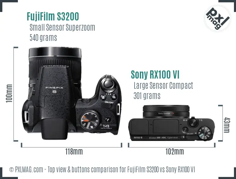 FujiFilm S3200 vs Sony RX100 VI top view buttons comparison