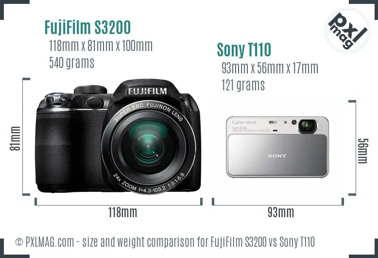 Size and ergonomics comparison between FujiFilm S3200 and Sony T110