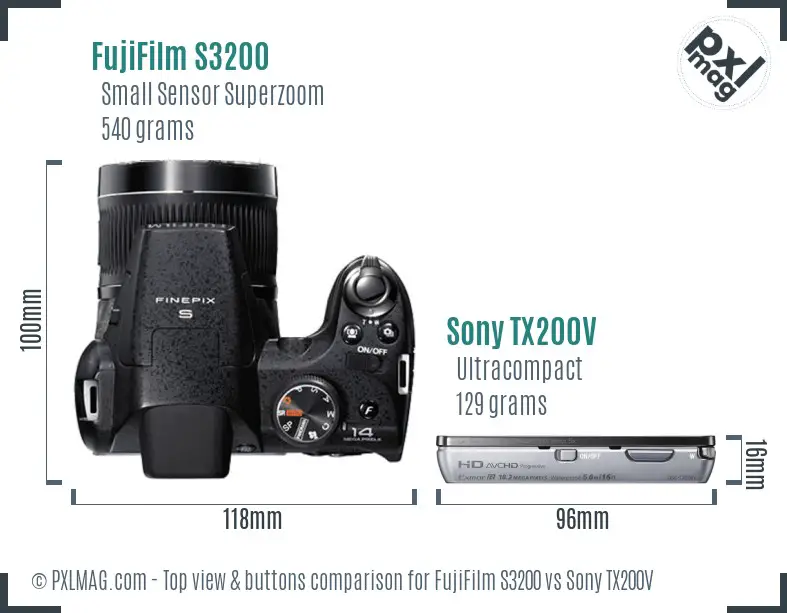 FujiFilm S3200 vs Sony TX200V top view buttons comparison