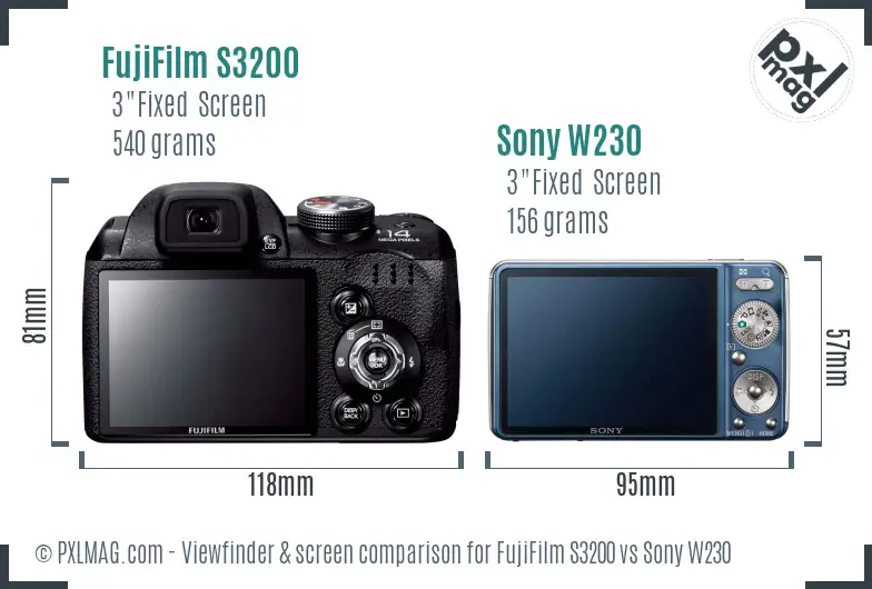 FujiFilm S3200 vs Sony W230 Screen and Viewfinder comparison