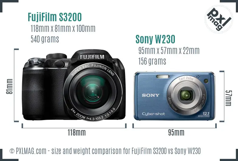 FujiFilm S3200 vs Sony W230 size comparison