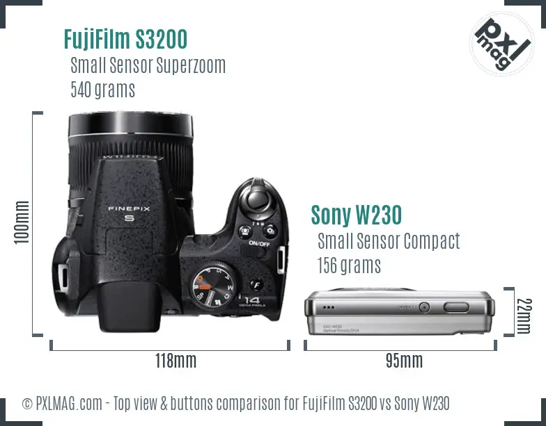 FujiFilm S3200 vs Sony W230 top view buttons comparison