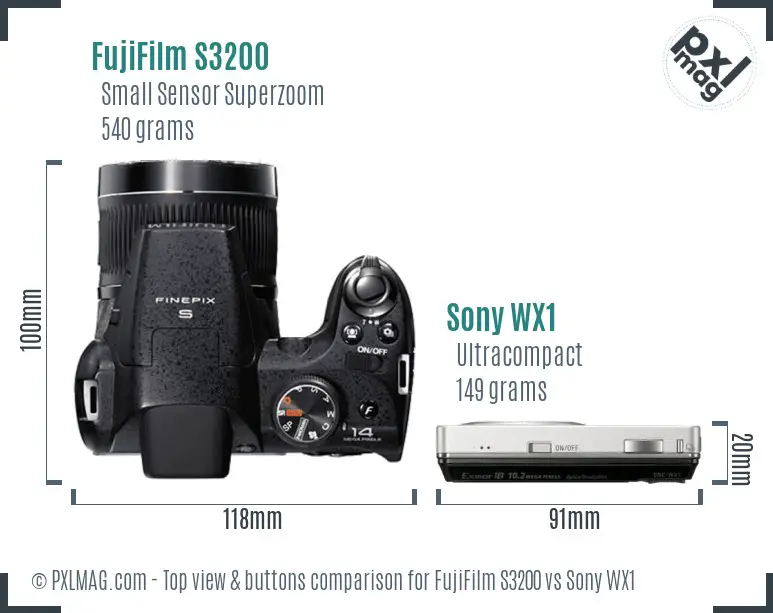 FujiFilm S3200 vs Sony WX1 top view buttons comparison
