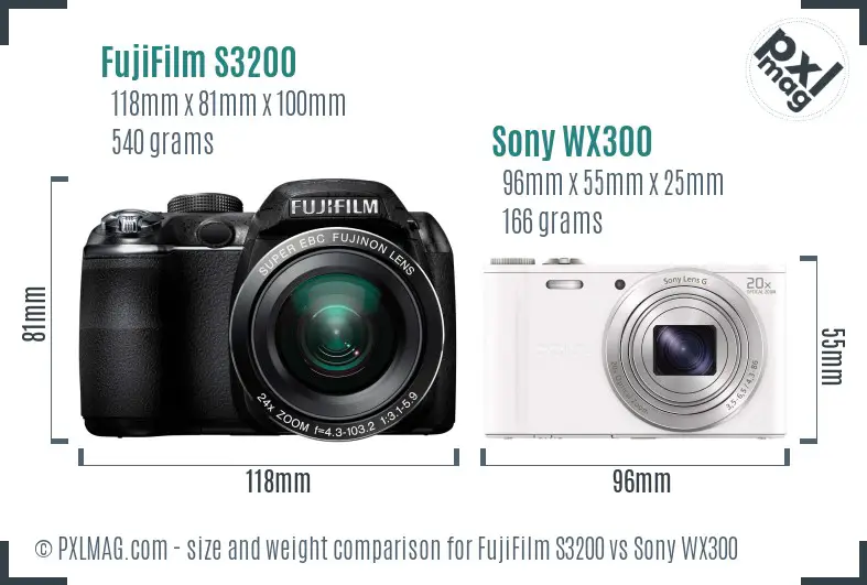 FujiFilm S3200 vs Sony WX300 size comparison