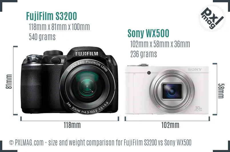 FujiFilm S3200 vs Sony WX500 size comparison