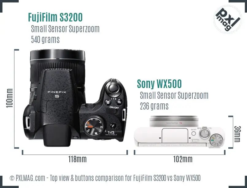 FujiFilm S3200 vs Sony WX500 top view buttons comparison