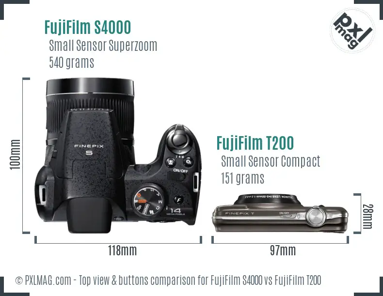 FujiFilm S4000 vs FujiFilm T200 top view buttons comparison FujiFilm S4000 vs FujiFilm T200 top view buttons comparison