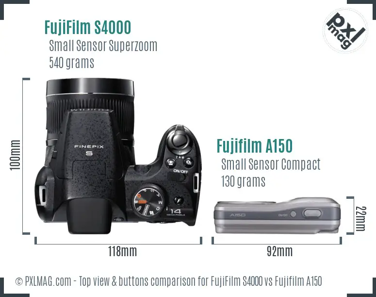 FujiFilm S4000 vs Fujifilm A150 top view buttons comparison FujiFilm S4000 vs Fujifilm A150 top view buttons comparison