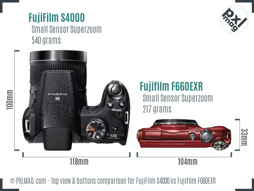 FujiFilm S4000 vs Fujifilm F660EXR top view buttons comparison