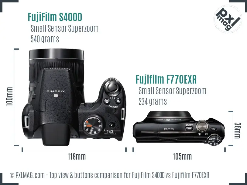 FujiFilm S4000 vs Fujifilm F770EXR top view buttons comparison FujiFilm S4000 vs Fujifilm F770EXR top view buttons comparison