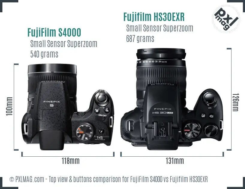 FujiFilm S4000 vs Fujifilm HS30EXR top view buttons comparison