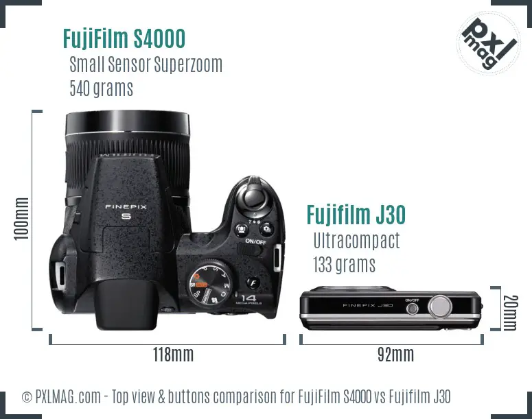 FujiFilm S4000 vs Fujifilm J30 top view buttons comparison FujiFilm S4000 vs Fujifilm J30 top view buttons comparison