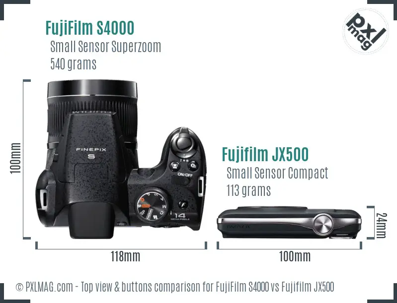 FujiFilm S4000 vs Fujifilm JX500 top view buttons comparison FujiFilm S4000 vs Fujifilm JX500 top view buttons comparison