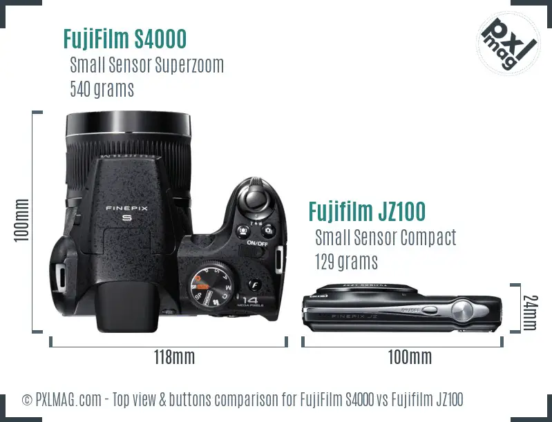 FujiFilm S4000 vs Fujifilm JZ100 top view buttons comparison FujiFilm S4000 vs Fujifilm JZ100 top view buttons comparison