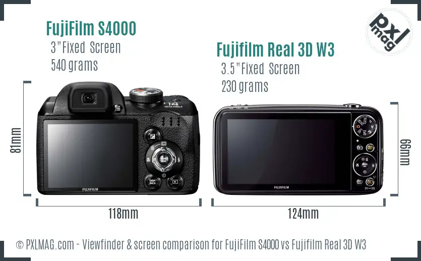 FujiFilm S4000 vs Fujifilm Real 3D W3 Screen and Viewfinder comparison