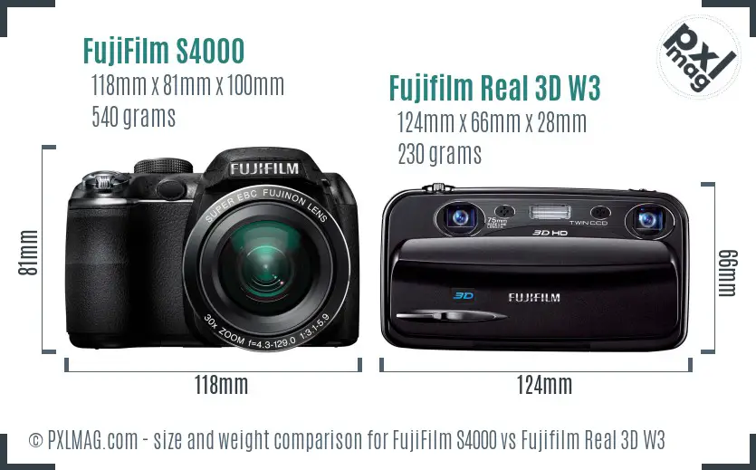 FujiFilm S4000 vs Fujifilm Real 3D W3 size comparison