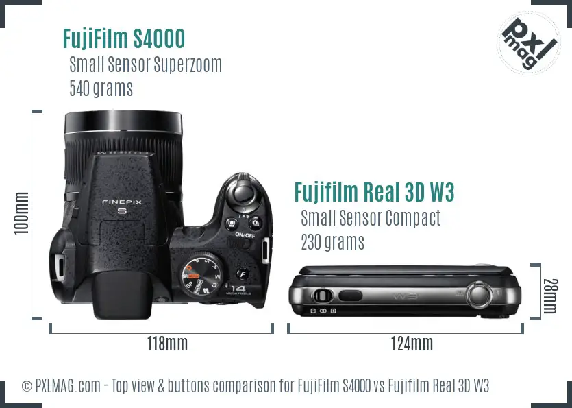 FujiFilm S4000 vs Fujifilm Real 3D W3 top view buttons comparison