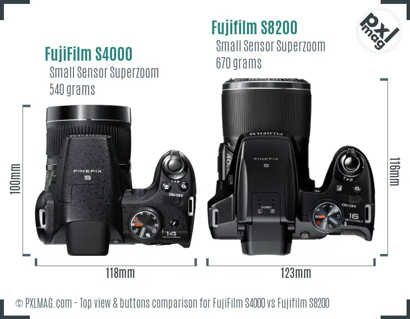 FujiFilm S4000 vs Fujifilm S8200 top view buttons comparison