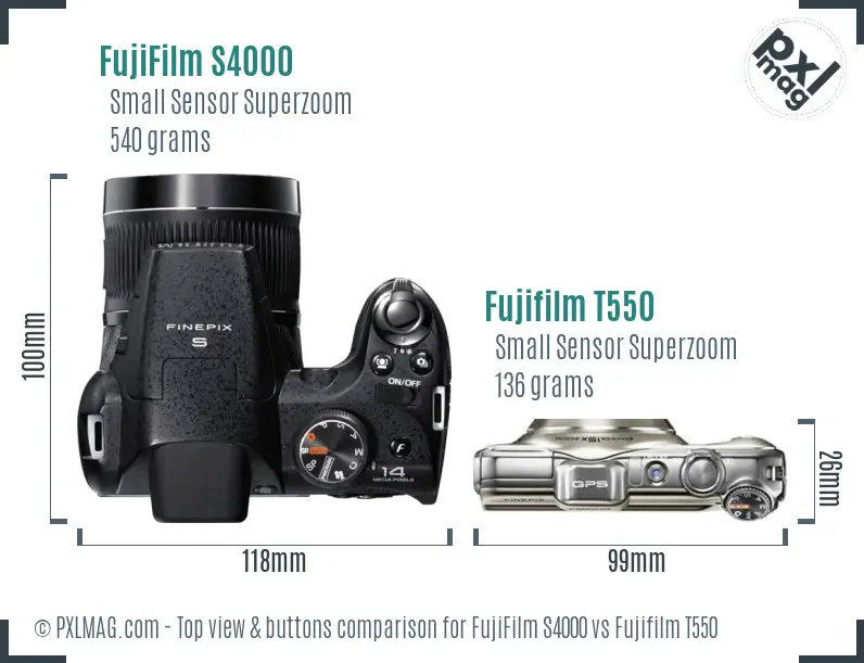 FujiFilm S4000 vs Fujifilm T550 top view buttons comparison