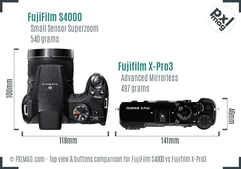 FujiFilm S4000 vs Fujifilm X-Pro3 top view buttons comparison