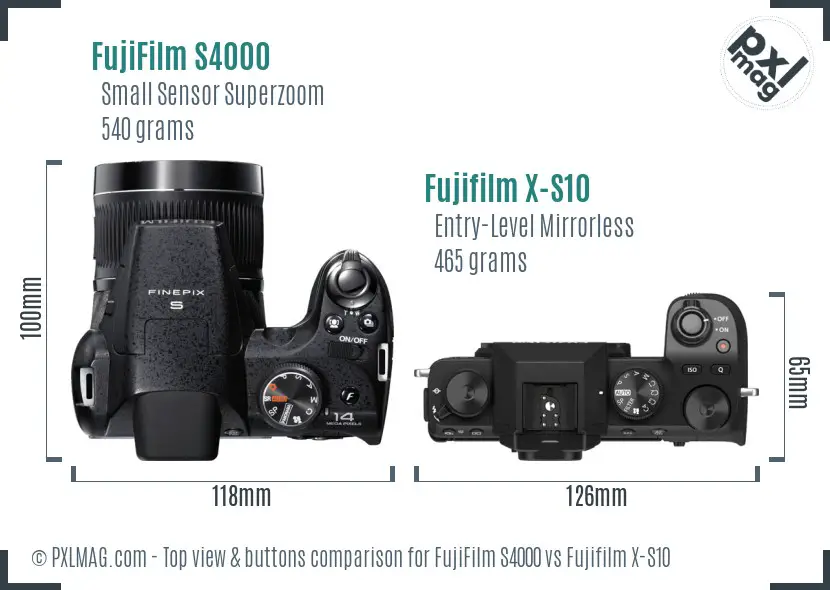FujiFilm S4000 vs Fujifilm X-S10 top view buttons comparison