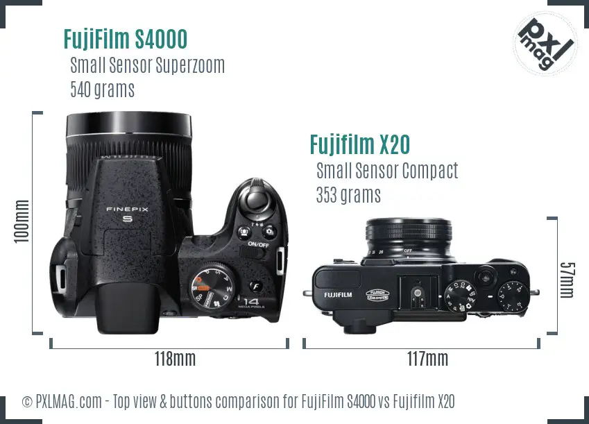 FujiFilm S4000 vs Fujifilm X20 top view buttons comparison
