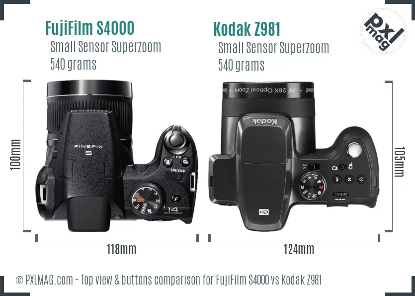 FujiFilm S4000 vs Kodak Z981 top view buttons comparison