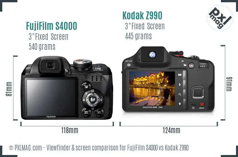 FujiFilm S4000 vs Kodak Z990 Screen and Viewfinder comparison