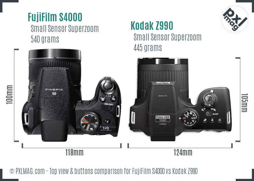 FujiFilm S4000 vs Kodak Z990 top view buttons comparison