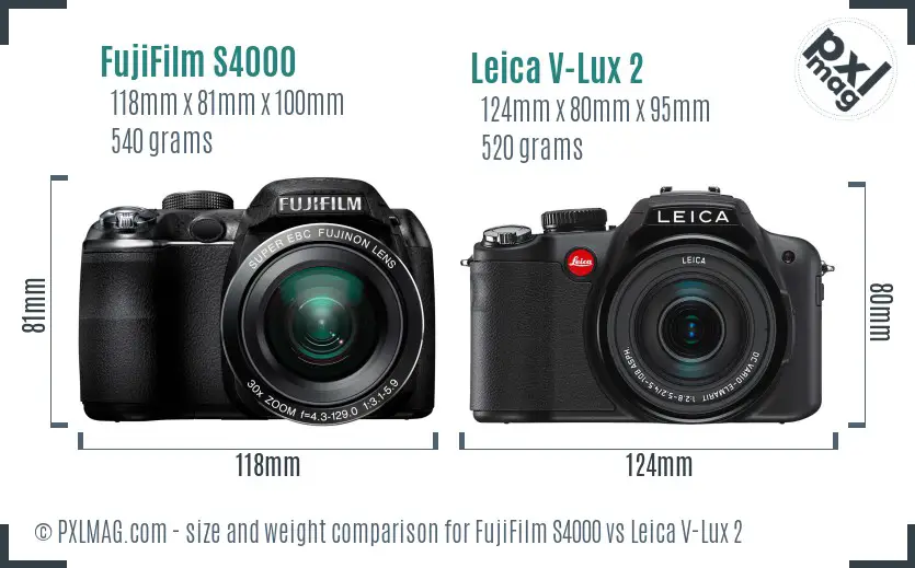 FujiFilm S4000 vs Leica V-Lux 2 size comparison
