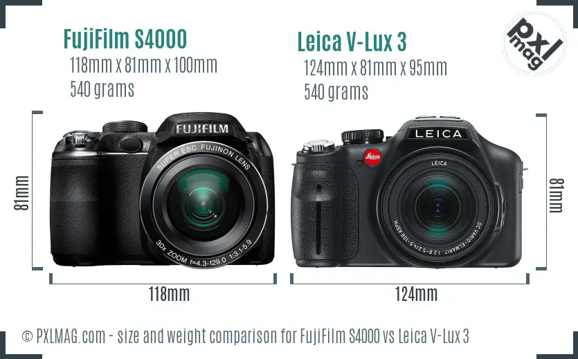 FujiFilm S4000 vs Leica V-Lux 3 size comparison FujiFilm S4000 vs Leica V-Lux 3 size comparison