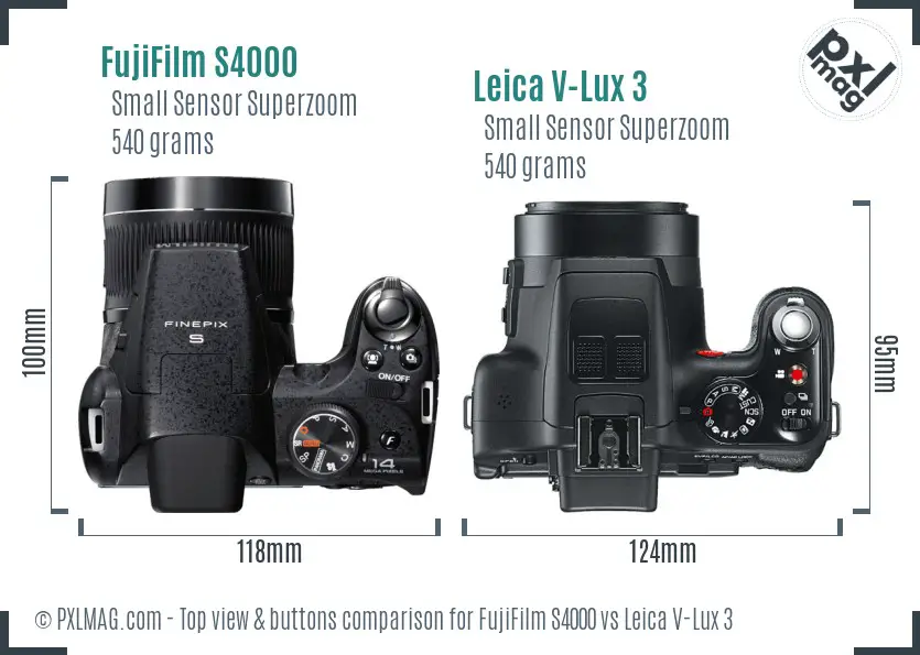 FujiFilm S4000 vs Leica V-Lux 3 top view buttons comparison FujiFilm S4000 vs Leica V-Lux 3 top view buttons comparison