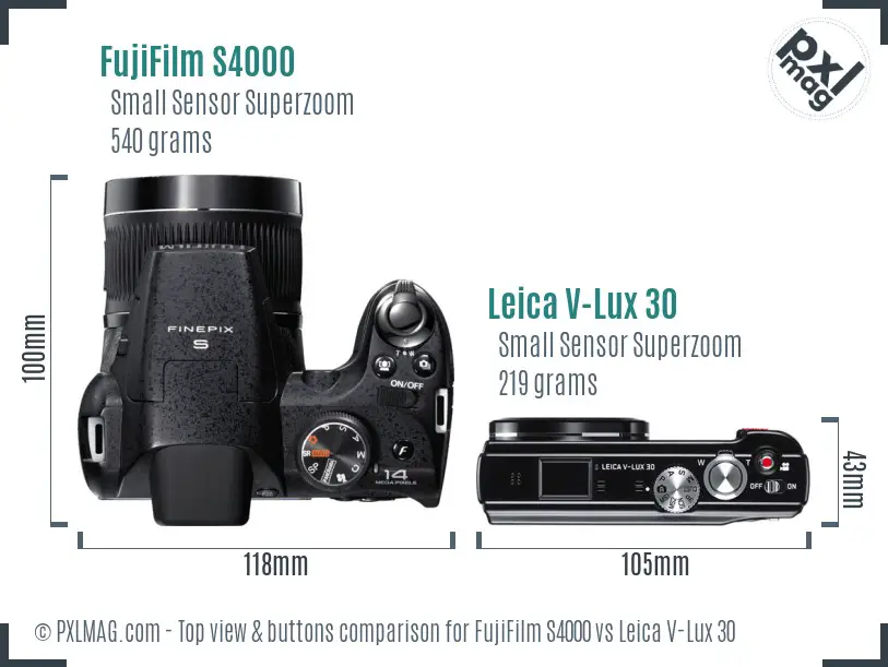 FujiFilm S4000 vs Leica V-Lux 30 top view buttons comparison FujiFilm S4000 vs Leica V-Lux 30 top view buttons comparison