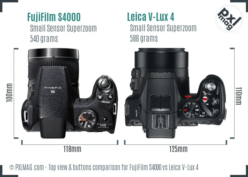 FujiFilm S4000 vs Leica V-Lux 4 top view buttons comparison