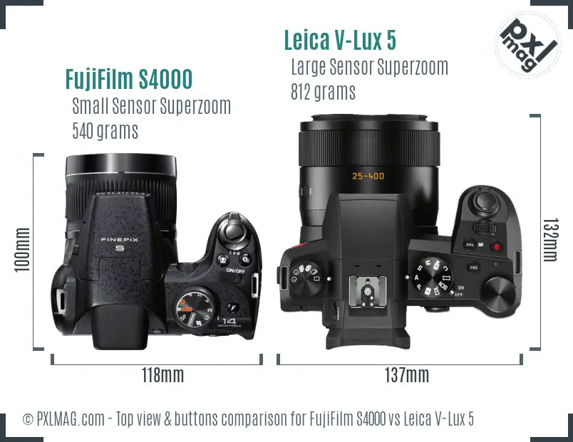 FujiFilm S4000 vs Leica V-Lux 5 top view buttons comparison