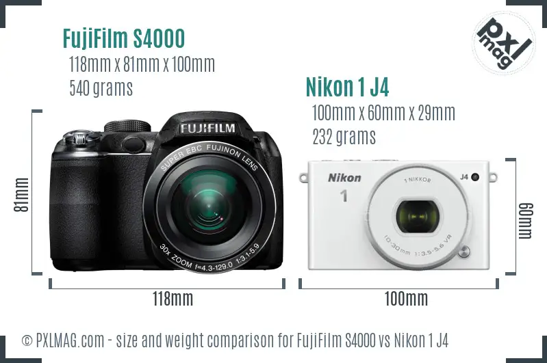 FujiFilm S4000 vs Nikon 1 J4 size comparison