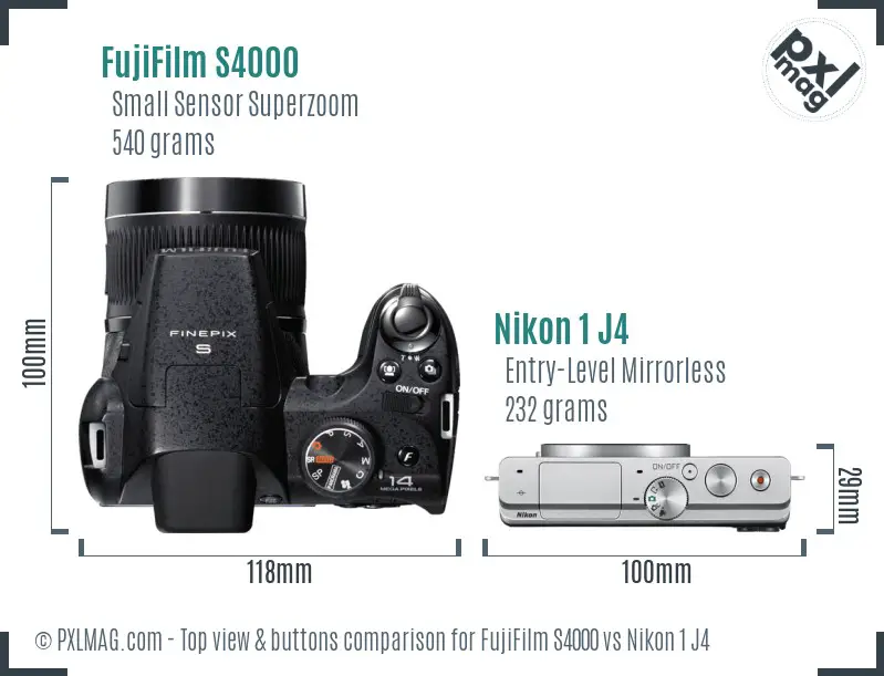 FujiFilm S4000 vs Nikon 1 J4 top view buttons comparison