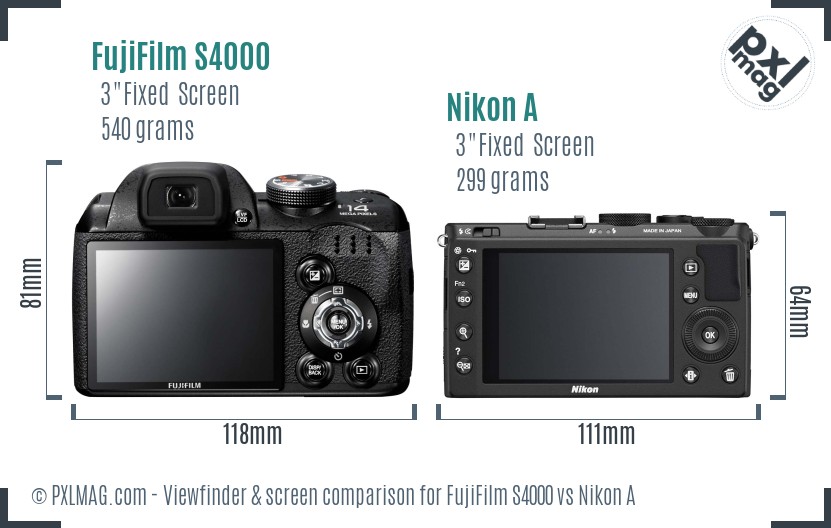 FujiFilm S4000 vs Nikon A Screen and Viewfinder comparison
