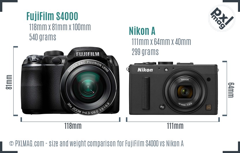 FujiFilm S4000 vs Nikon A size comparison