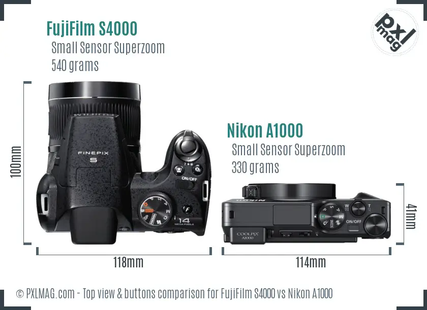 FujiFilm S4000 vs Nikon A1000 top view buttons comparison FujiFilm S4000 vs Nikon A1000 top view buttons comparison