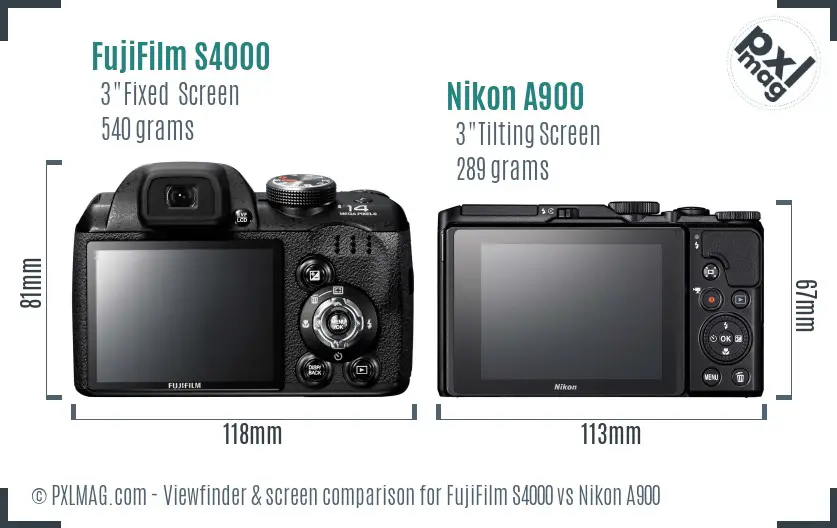 FujiFilm S4000 vs Nikon A900 Screen and Viewfinder comparison FujiFilm S4000 vs Nikon A900 Screen and Viewfinder comparison