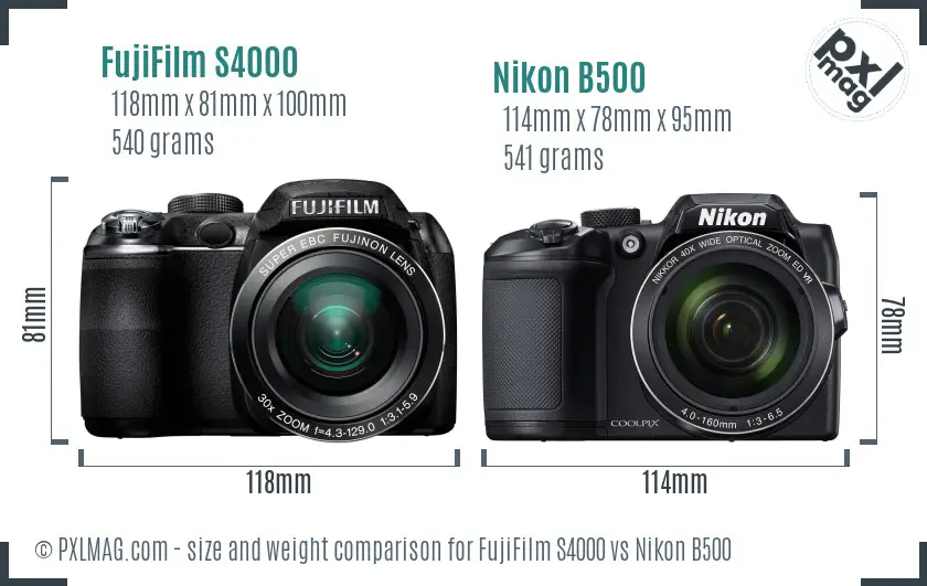 FujiFilm S4000 vs Nikon B500 size comparison