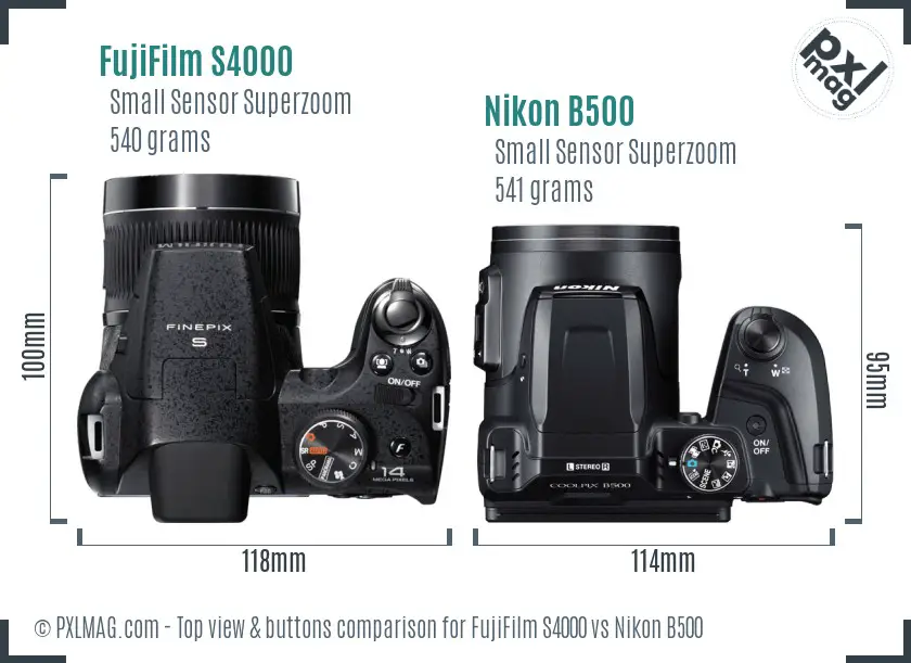 FujiFilm S4000 vs Nikon B500 top view buttons comparison