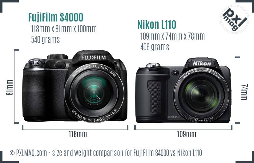 FujiFilm S4000 vs Nikon L110 size comparison FujiFilm S4000 vs Nikon L110 size comparison